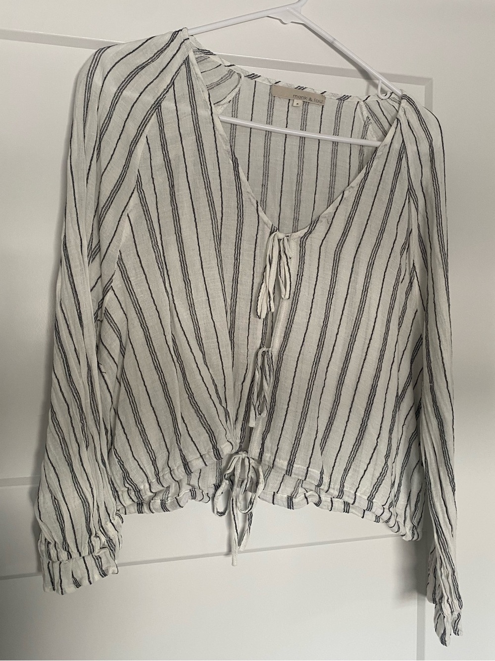 Striped Tie-Front Long Sleeve Top in White and Black